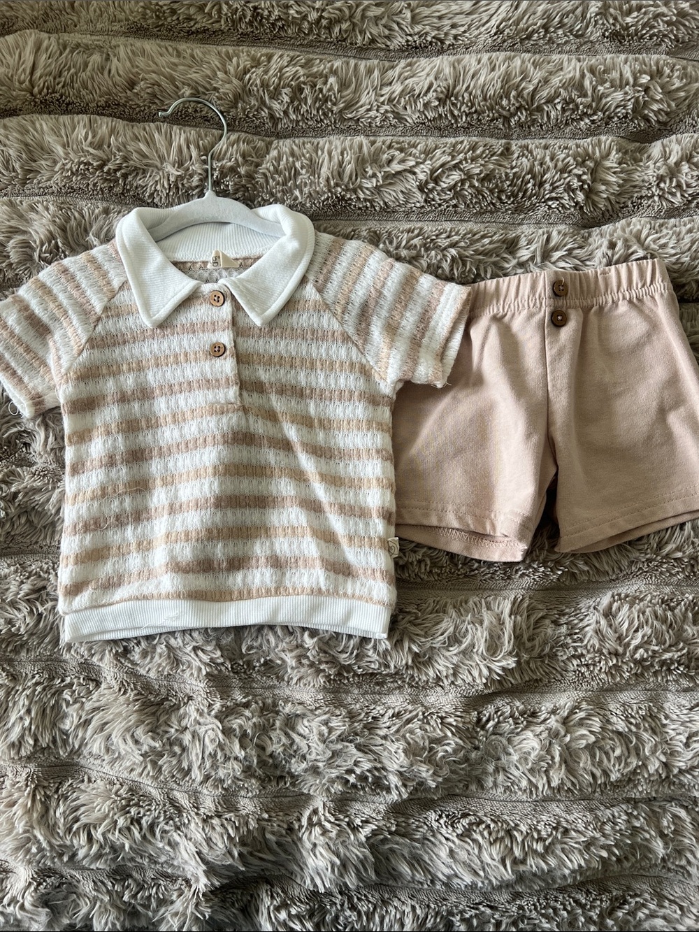 Striped Polo Top & Shorts Set in Cream and Beige